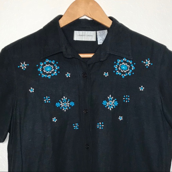 Lemon Grass Career Button Front Top Embellished - Picture 2 of 8